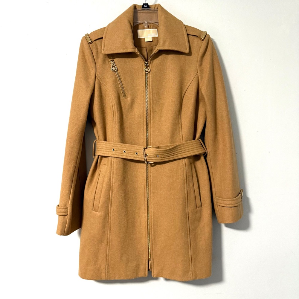 Michael Kors Women's Camel Wool Blend‎ Belted Mid-length Jacket Coat Size M